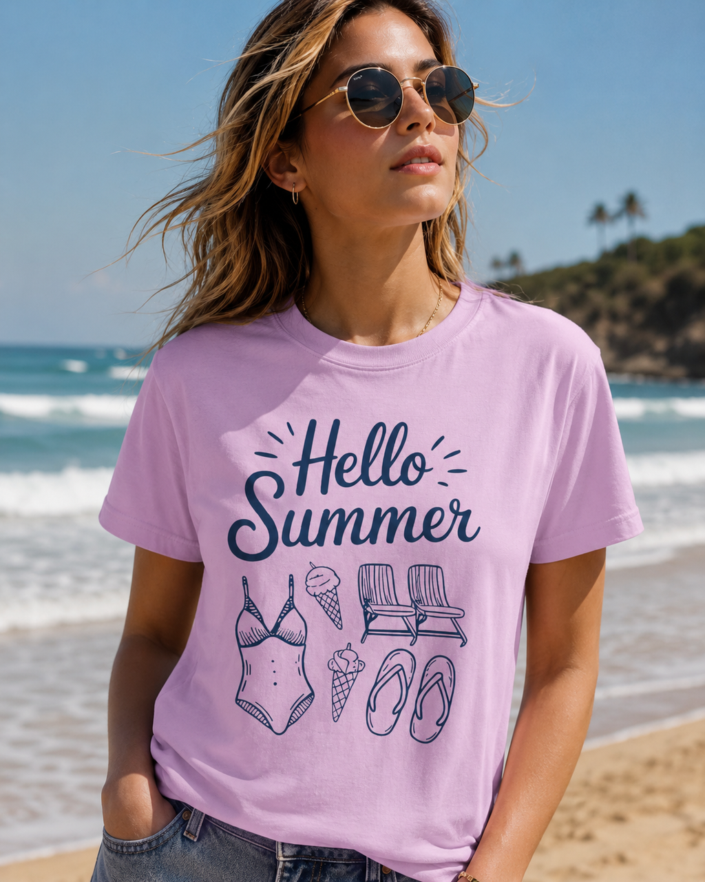 Hello Summer Beach Shirt | Cute Summer Graphic Tee | Coastal Vacation T-Shirt | Trendy Beach Outfit | Aesthetic Summer Tee for Women