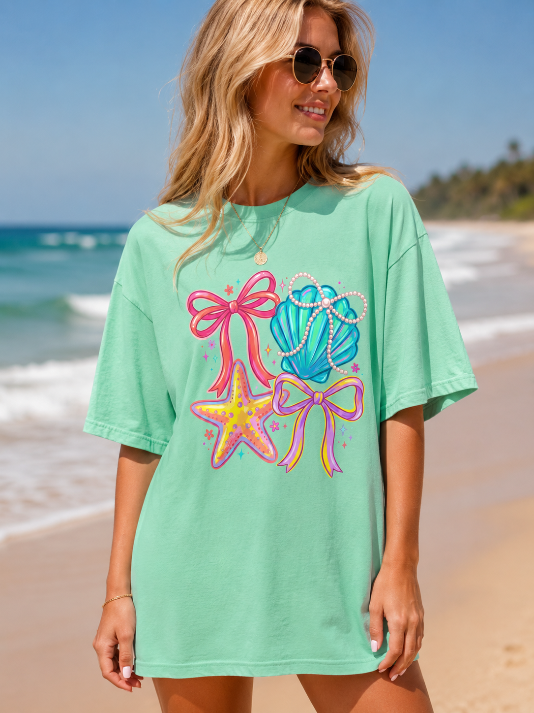 Coastal Coquette  Beach Graphic Tee | Seashell & Starfish Summer Shirt | Cute Preppy Vacation T-Shirt | Ocean Gift  T-Shirt