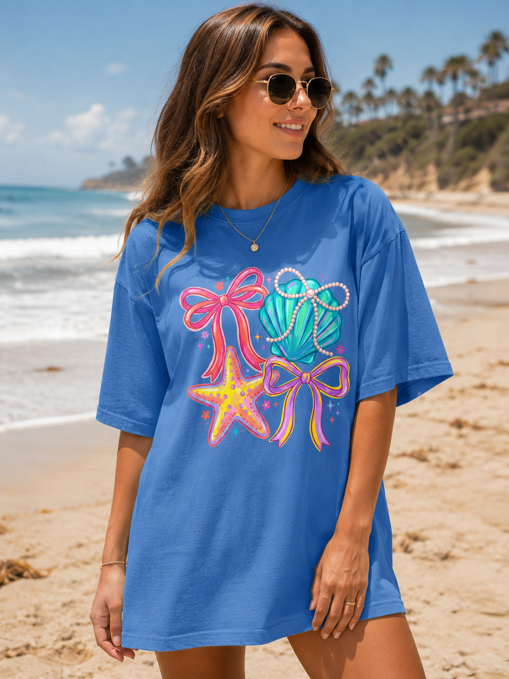Coastal Coquette  Beach Graphic Tee | Seashell & Starfish Summer Shirt | Cute Preppy Vacation T-Shirt | Ocean Gift  T-Shirt