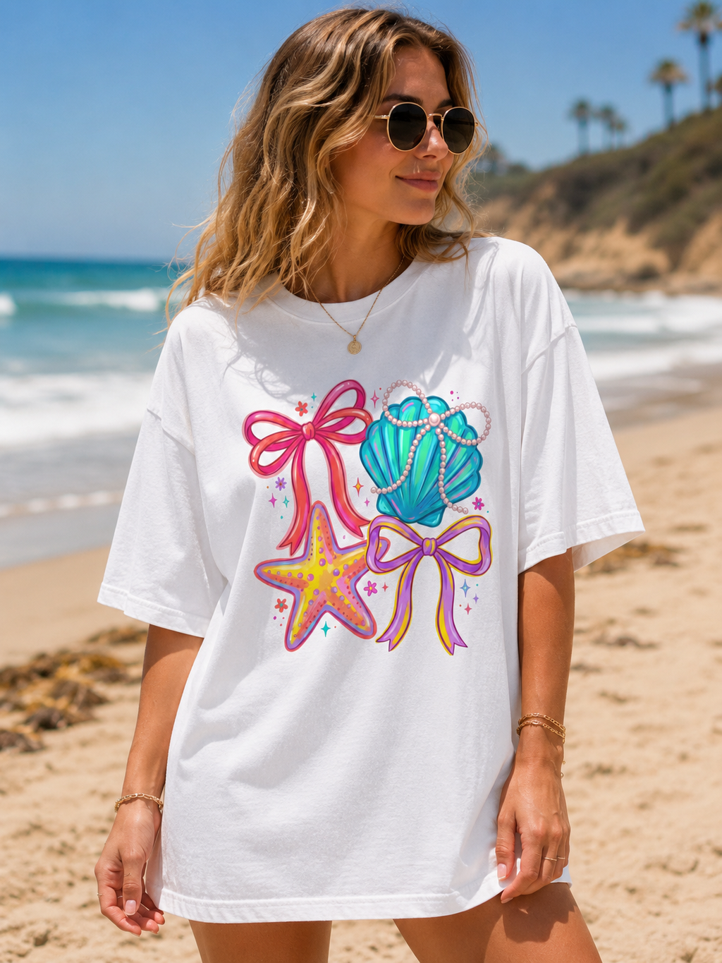 Coastal Coquette  Beach Graphic Tee | Seashell & Starfish Summer Shirt | Cute Preppy Vacation T-Shirt | Ocean Gift  T-Shirt