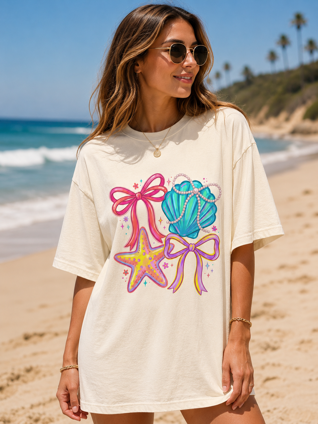 Coastal Coquette  Beach Graphic Tee | Seashell & Starfish Summer Shirt | Cute Preppy Vacation T-Shirt | Ocean Gift  T-Shirt