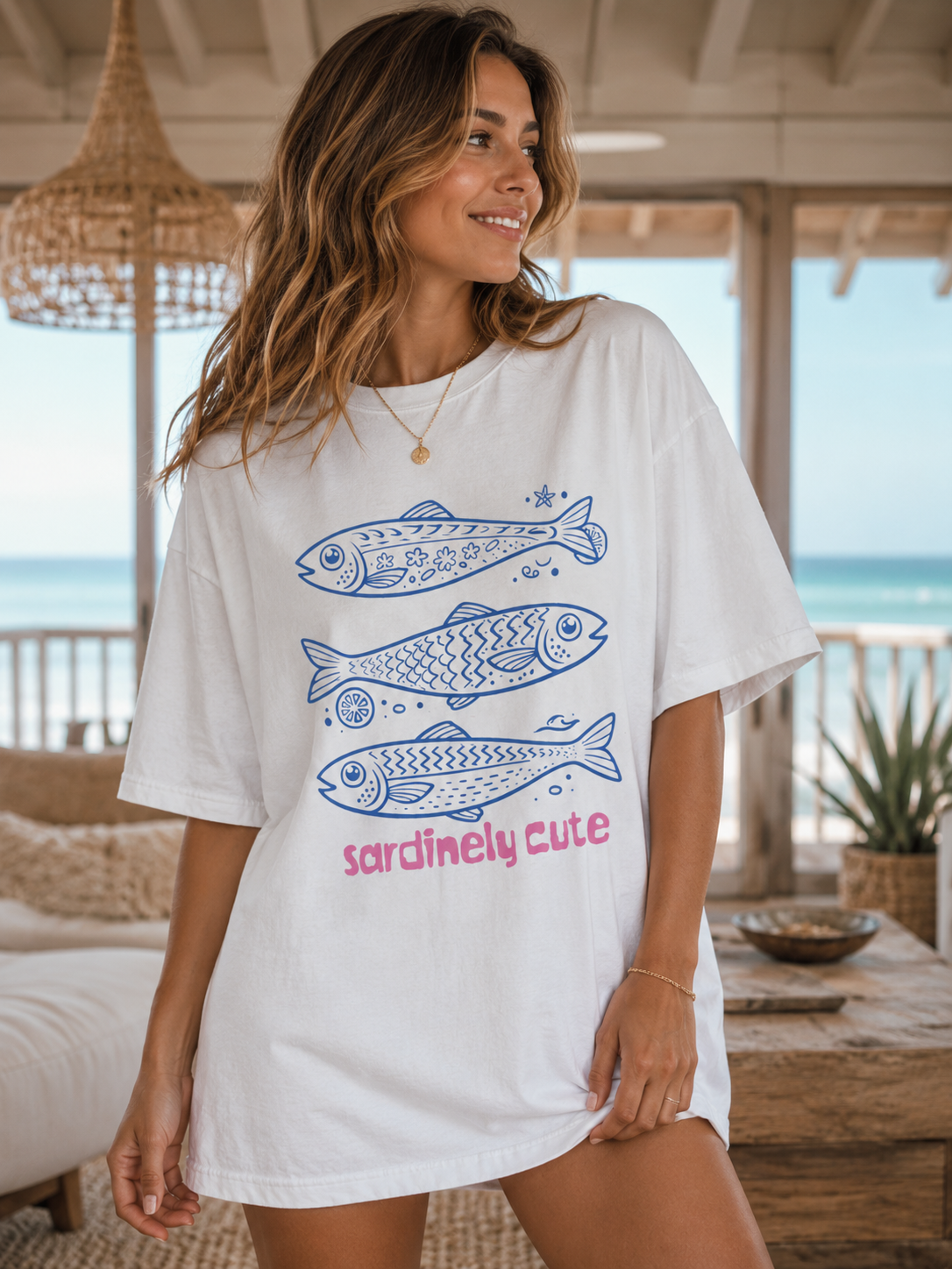 Sardinely Cute Oversized Beach Tee | Coastal Graphic Shirt | Cute Summer Vacation T-Shirt