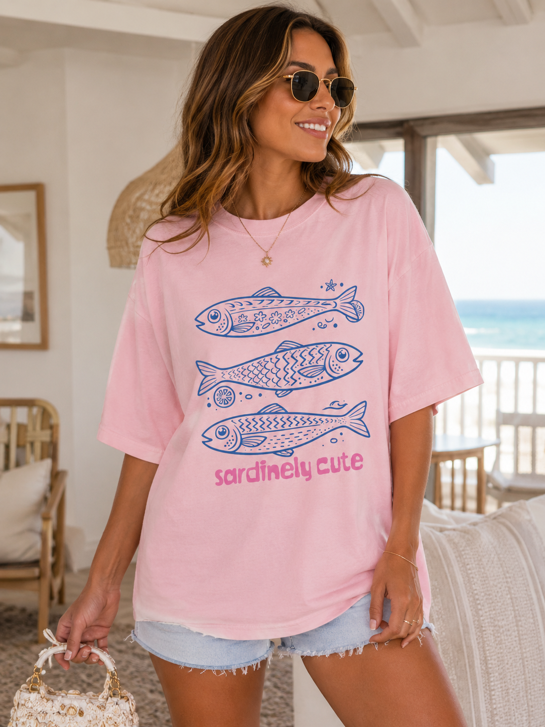 Sardinely Cute Oversized Beach Tee | Coastal Graphic Shirt | Cute Summer Vacation T-Shirt