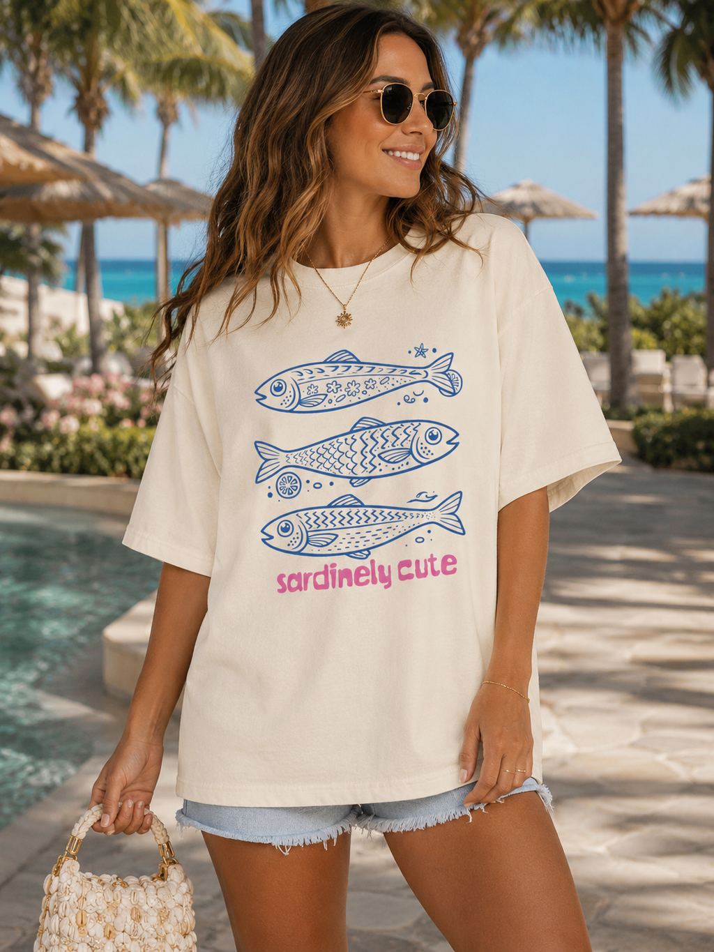 Sardinely Cute Oversized Beach Tee | Coastal Graphic Shirt | Cute Summer Vacation T-Shirt