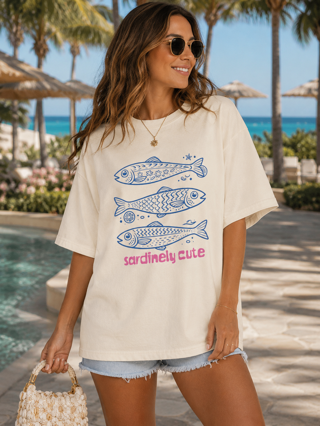 Sardinely Cute Oversized Beach Tee | Coastal Graphic Shirt | Cute Summer Vacation T-Shirt