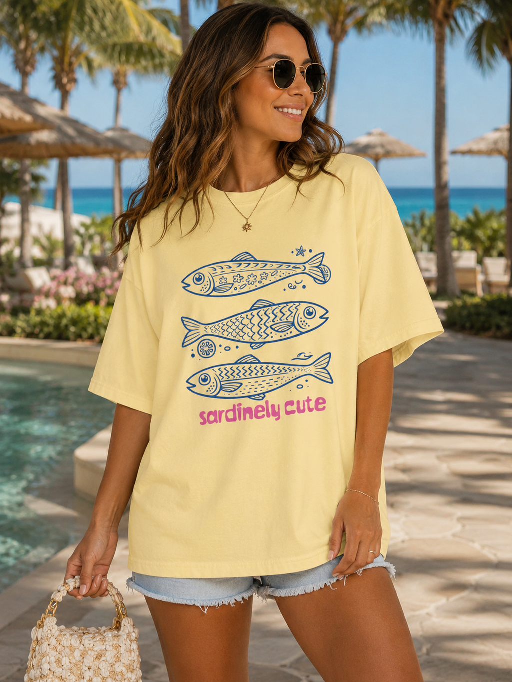 Sardinely Cute Oversized Beach Tee | Coastal Graphic Shirt | Cute Summer Vacation T-Shirt
