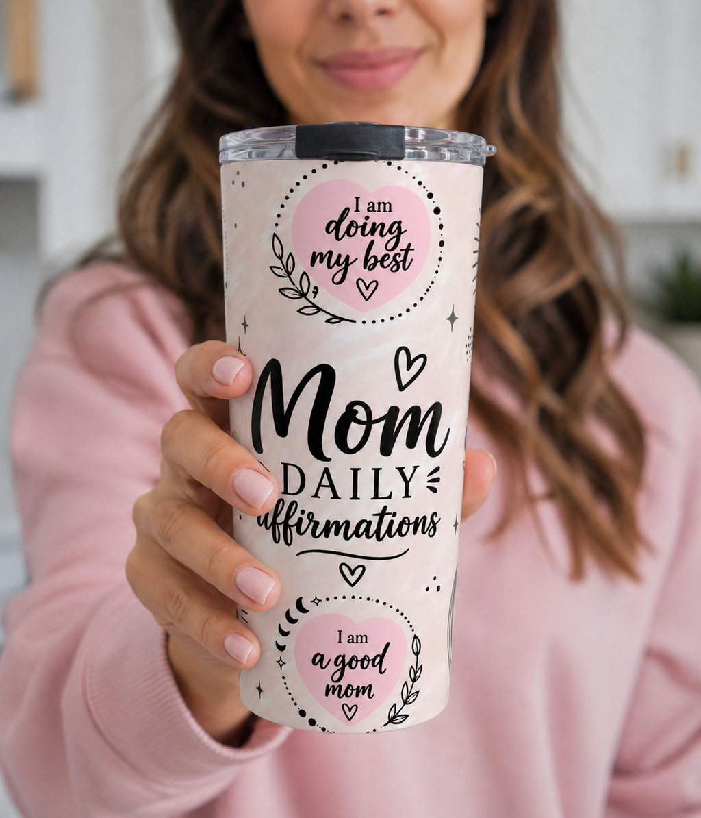 Mom Daily Affirmations 20oz Tumbler | Pink Boho Mama Cup | Insulated Stainless Steel Travel Mug with Lid | Inspirational Pink Travel Cup