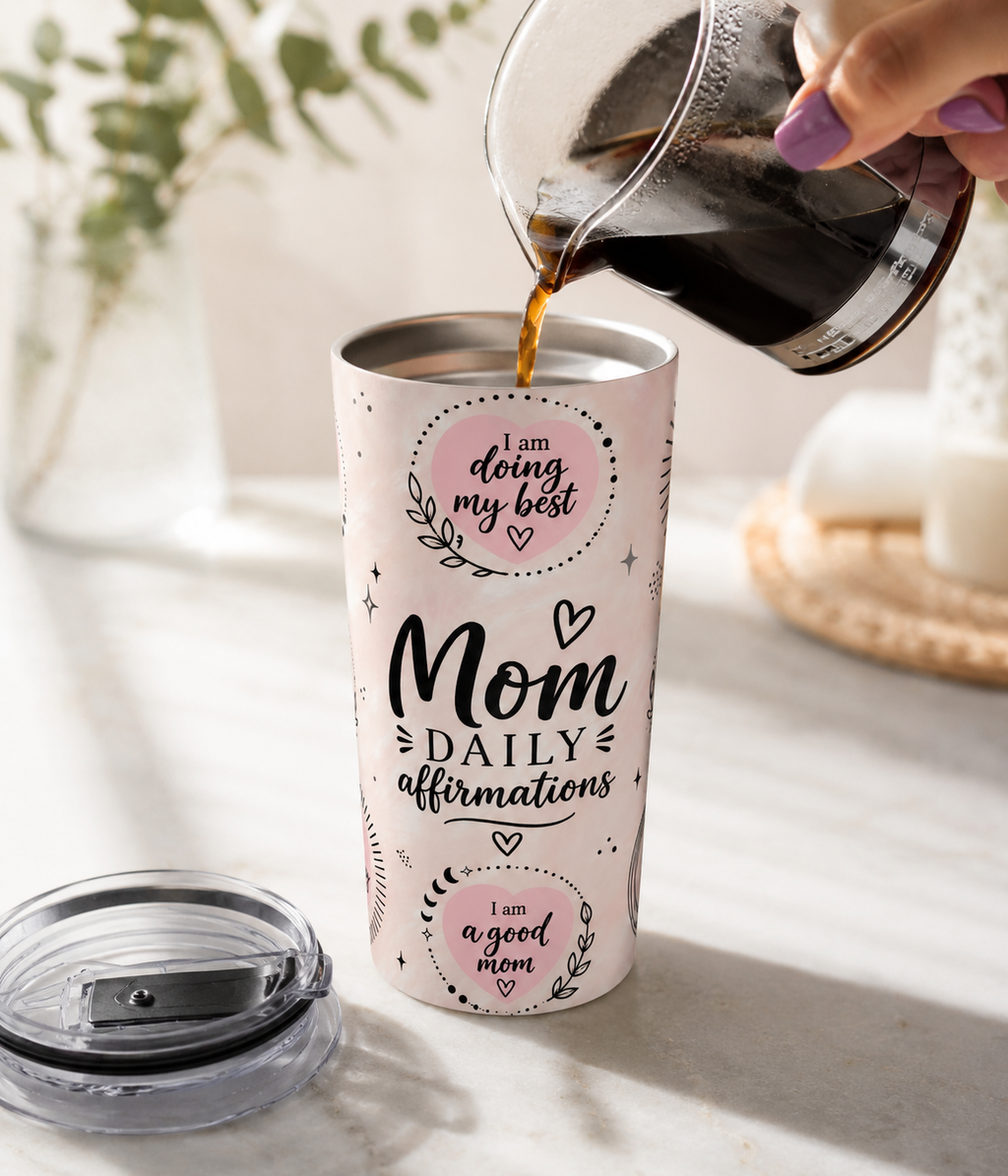 Mom Daily Affirmations 20oz Tumbler | Pink Boho Mama Cup | Insulated Stainless Steel Travel Mug with Lid | Inspirational Pink Travel Cup