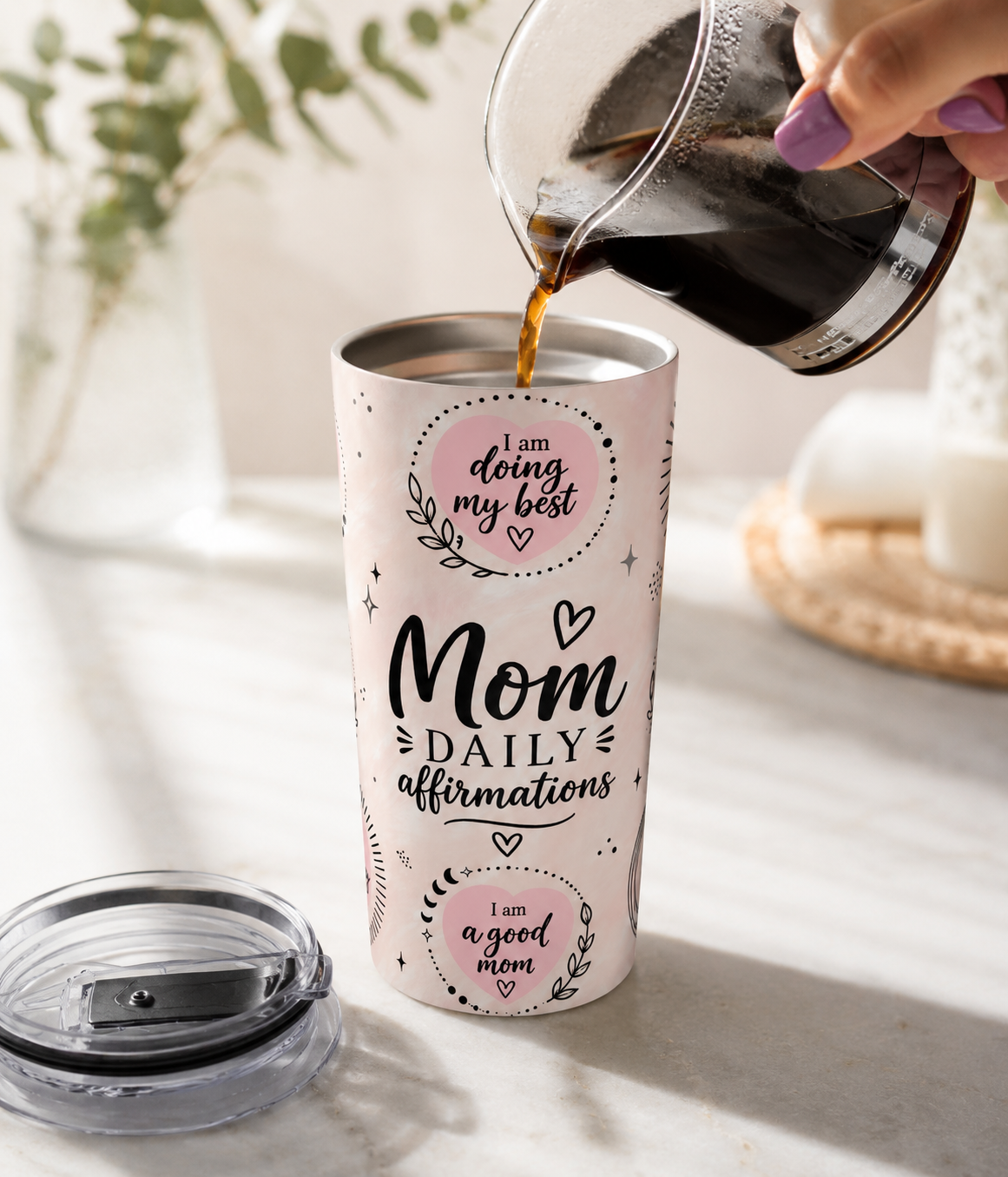 Mom Daily Affirmations 20oz Tumbler | Pink Boho Mama Cup | Insulated Stainless Steel Travel Mug with Lid | Inspirational Pink Travel Cup