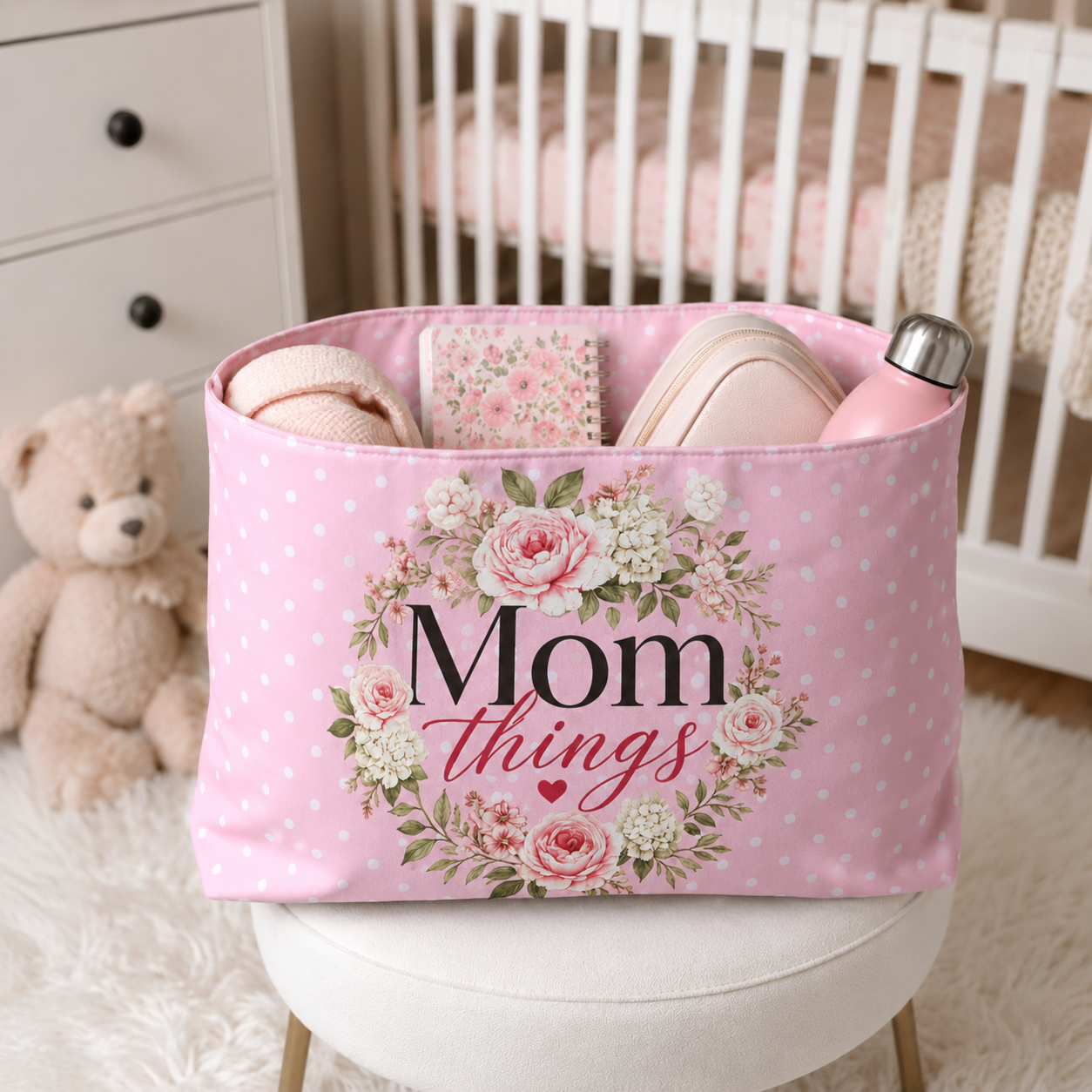 Mom Things Floral Weekender Bag | Pink Polka Dot Travel Tote for Moms | Large Overnight & Baby Essentials Bag | Pink Floral Tote for Mother’s Day Gift