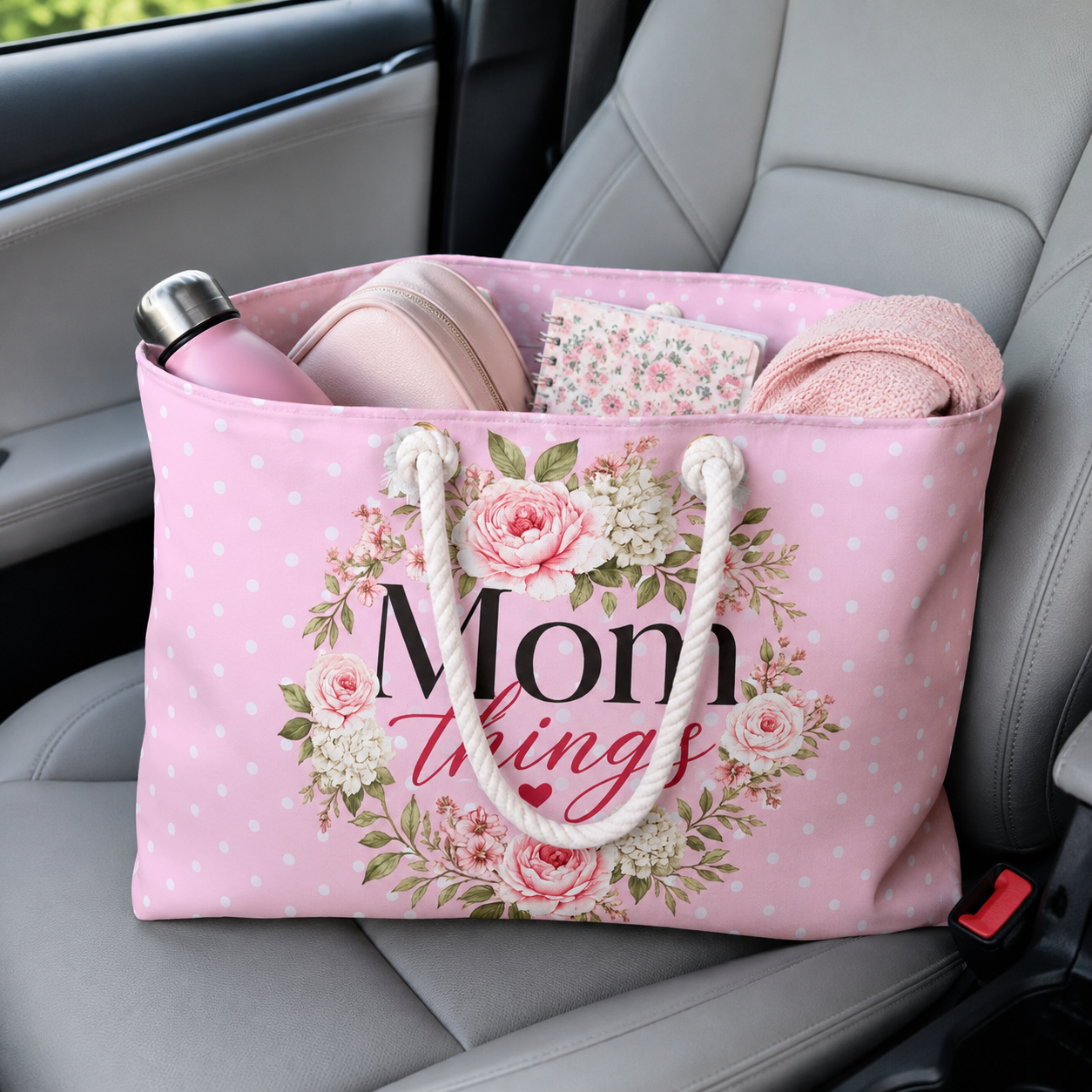 Mom Things Floral Weekender Bag | Pink Polka Dot Travel Tote for Moms | Large Overnight & Baby Essentials Bag | Pink Floral Tote for Mother’s Day Gift