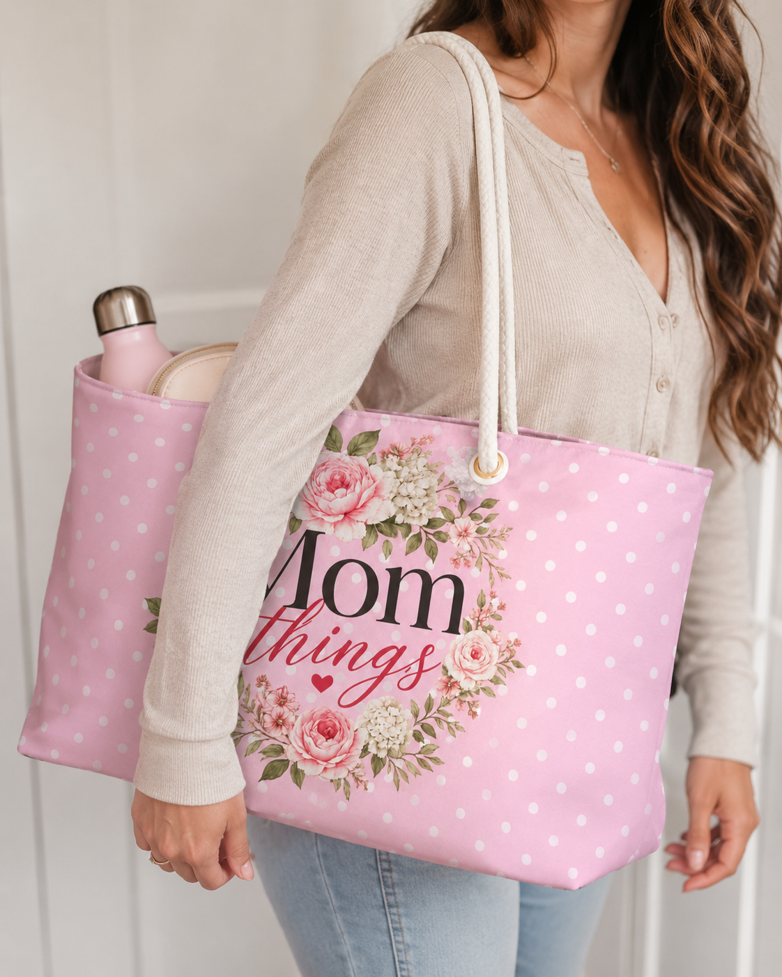 Mom Things Floral Weekender Bag | Pink Polka Dot Travel Tote for Moms | Large Overnight & Baby Essentials Bag | Pink Floral Tote for Mother’s Day Gift