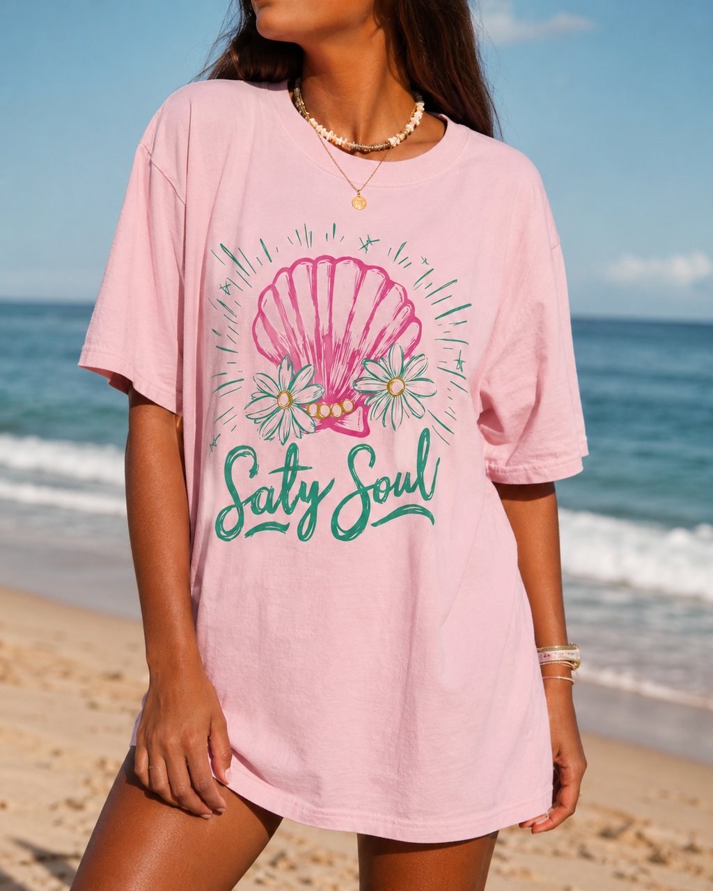 Salty Soul Beach Graphic Tee | Coastal Summer Shirt for Women | Trendy Seashell Vacation T-Shirt