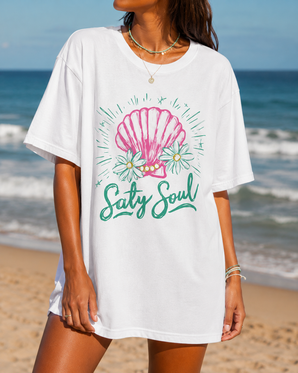 Salty Soul Beach Graphic Tee | Coastal Summer Shirt for Women | Trendy Seashell Vacation T-Shirt