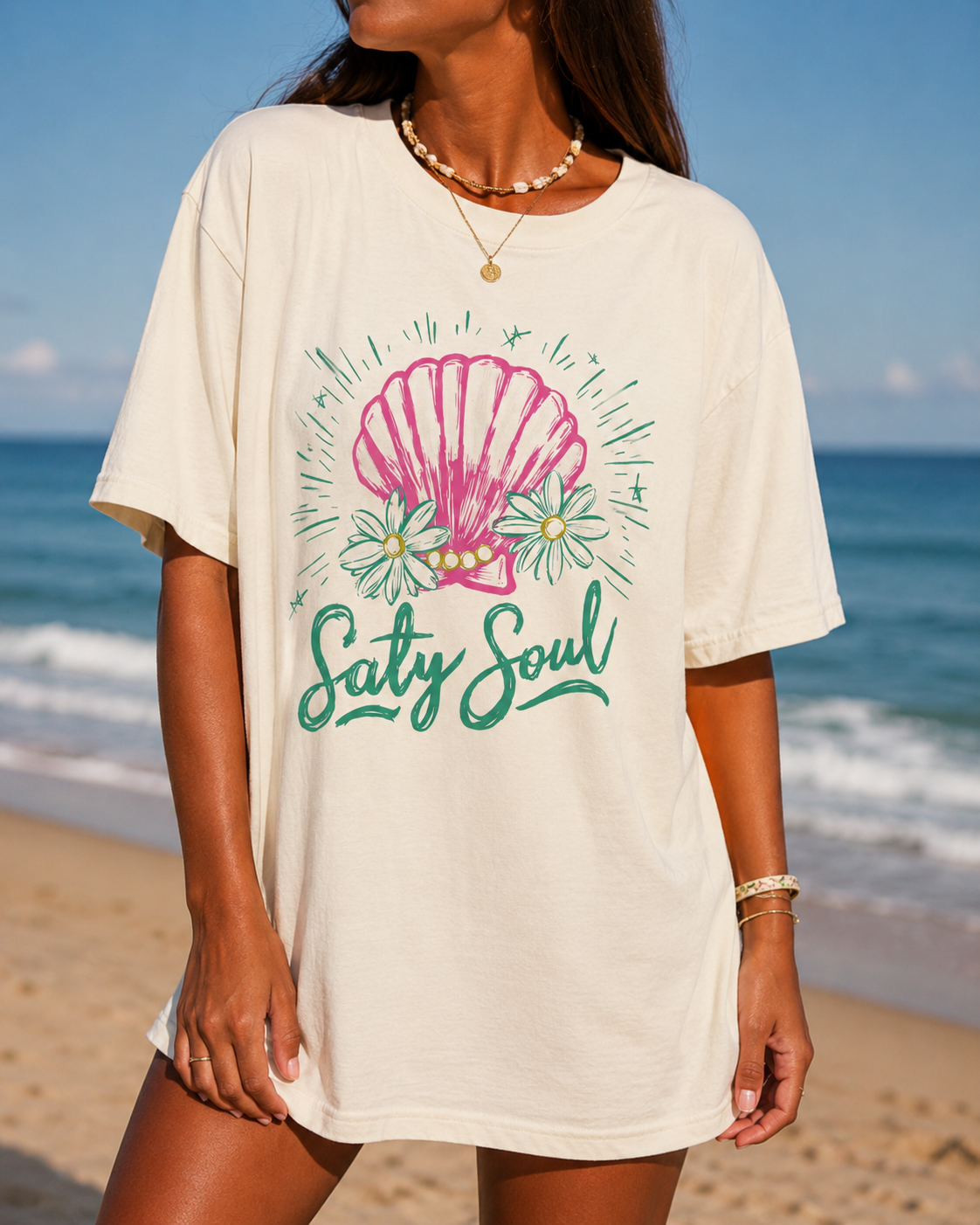 Salty Soul Beach Graphic Tee | Coastal Summer Shirt for Women | Trendy Seashell Vacation T-Shirt