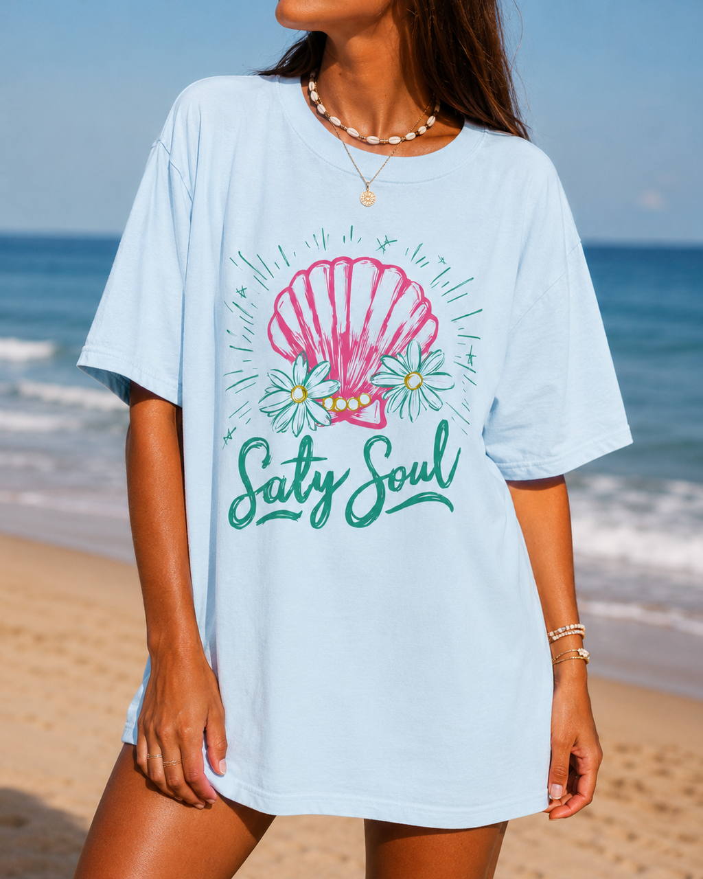 Salty Soul Beach Graphic Tee | Coastal Summer Shirt for Women | Trendy Seashell Vacation T-Shirt
