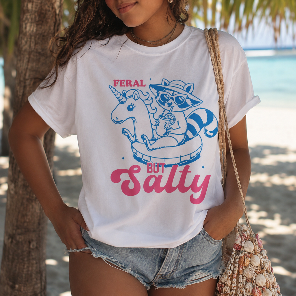 Feral But Salty Beach Graphic Tee | Summer Raccoon Shirt | Cute Coastal Vacation T-Shirt | Retro Beachy Oversized Tee for Women | Summer Graphic Tee