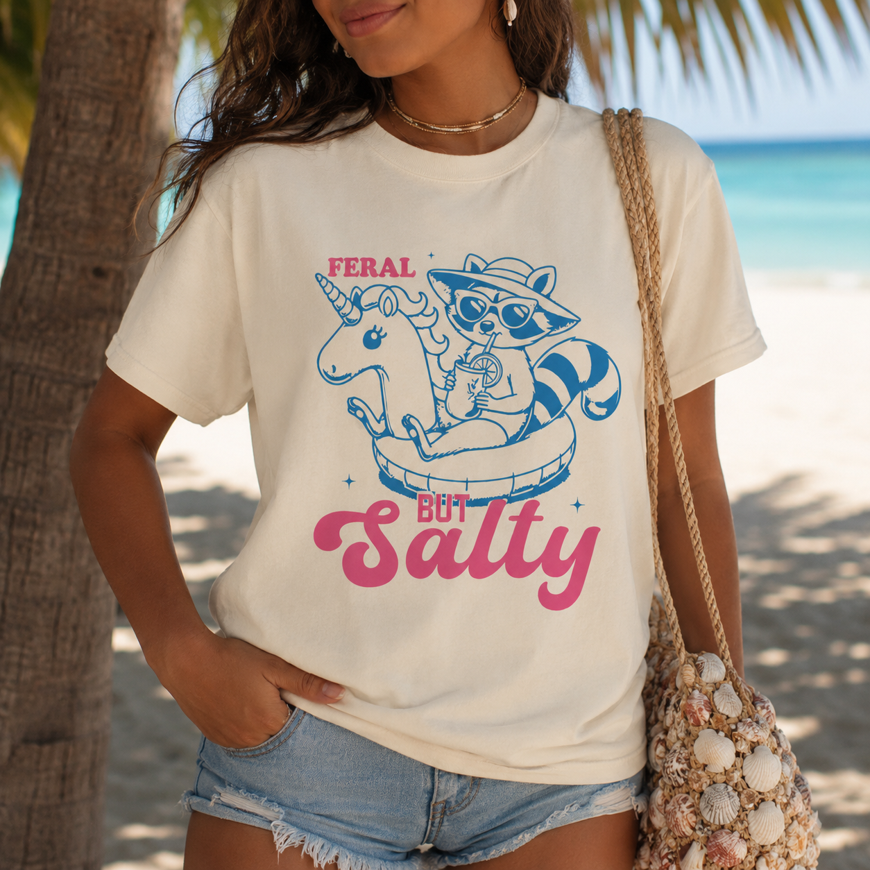 Feral But Salty Beach Graphic Tee | Summer Raccoon Shirt | Cute Coastal Vacation T-Shirt | Retro Beachy Oversized Tee for Women | Summer Graphic Tee