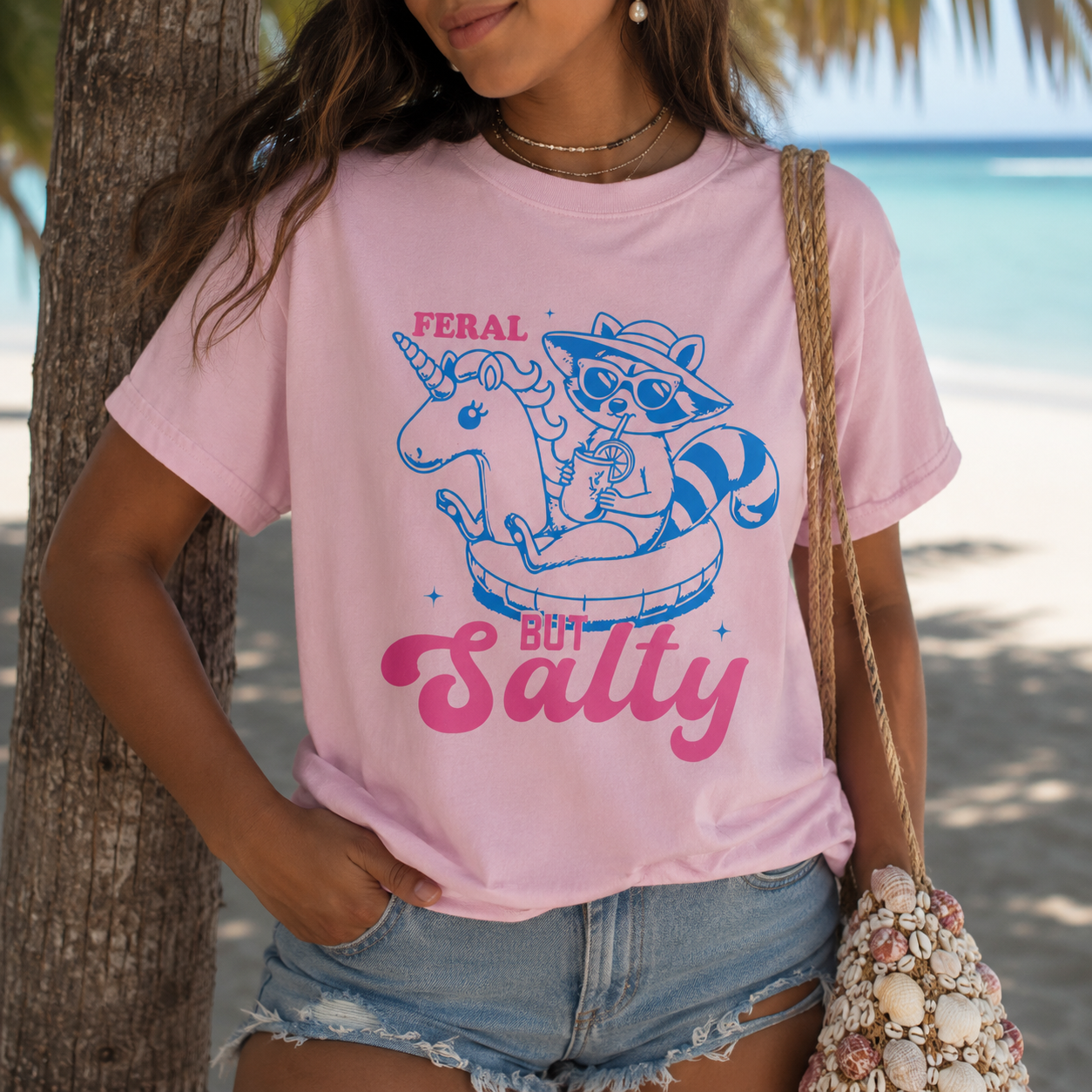 Feral But Salty Beach Graphic Tee | Summer Raccoon Shirt | Cute Coastal Vacation T-Shirt | Retro Beachy Oversized Tee for Women | Summer Graphic Tee