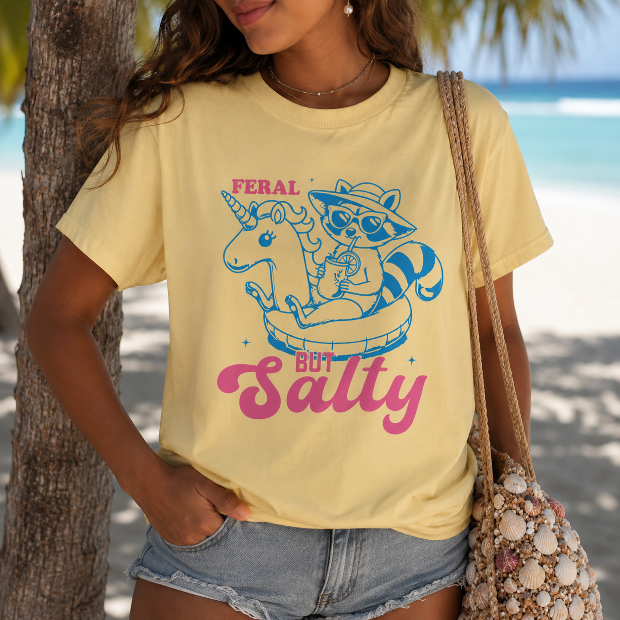 Feral But Salty Beach Graphic Tee | Summer Raccoon Shirt | Cute Coastal Vacation T-Shirt | Retro Beachy Oversized Tee for Women | Summer Graphic Tee