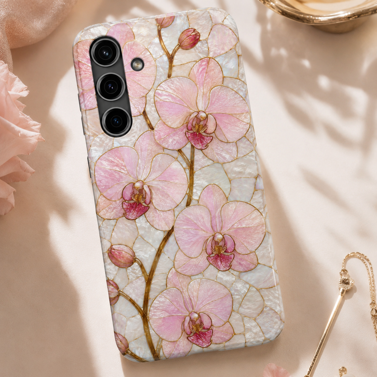 Pink Orchid Stained Glass Tough Phone Case |  Floral Glossy Protective Cover for iPhone & Samsung Galaxy | Tough Phone Case | Floral Protective iPhone Cover