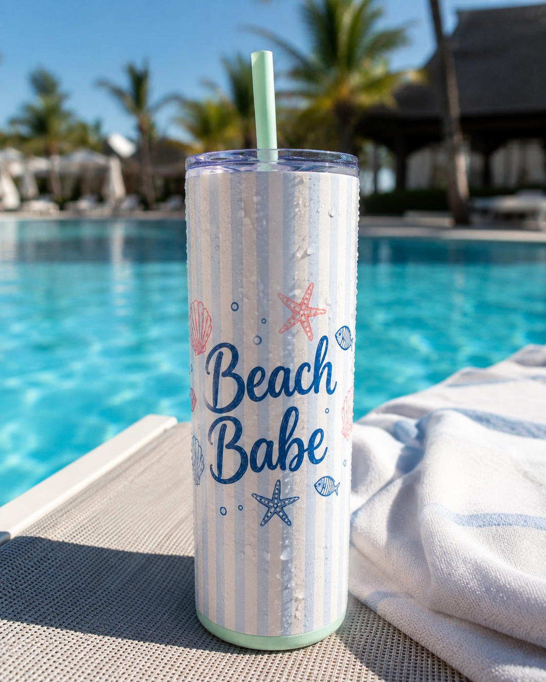 Beach Babe 20oz Skinny Tumbler with Straw  | Coastal Summer Stainless Steel Cup | Insulated Beach Drinkware | 20oz Straw Stainless Travel Cup