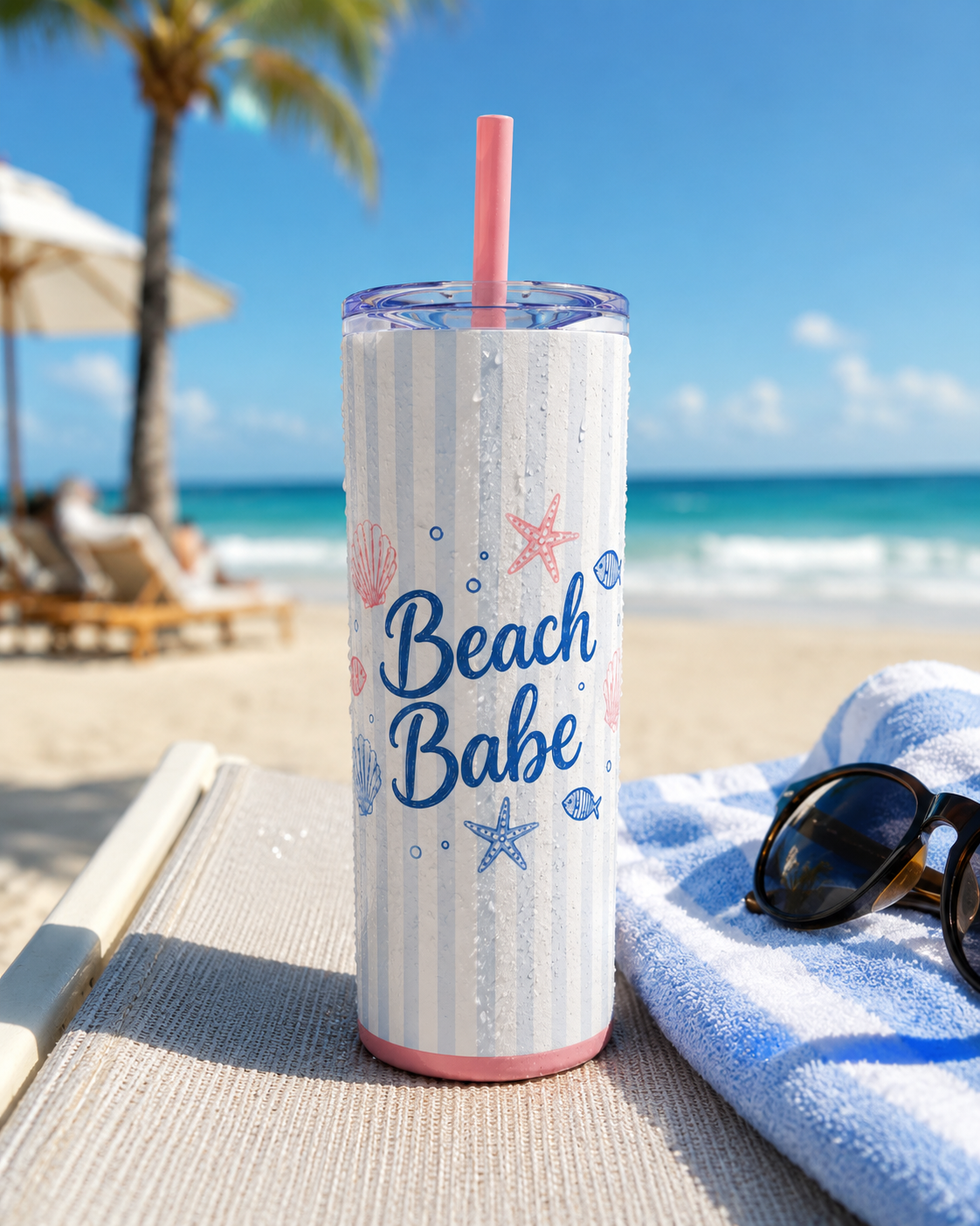 Beach Babe 20oz Skinny Tumbler with Straw  | Coastal Summer Stainless Steel Cup | Insulated Beach Drinkware | 20oz Straw Stainless Travel Cup