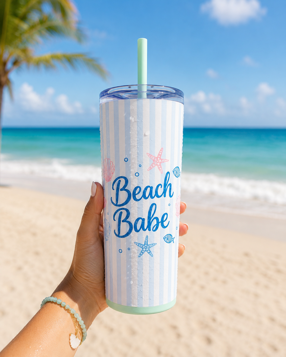 Beach Babe 20oz Skinny Tumbler with Straw  | Coastal Summer Stainless Steel Cup | Insulated Beach Drinkware | 20oz Straw Stainless Travel Cup