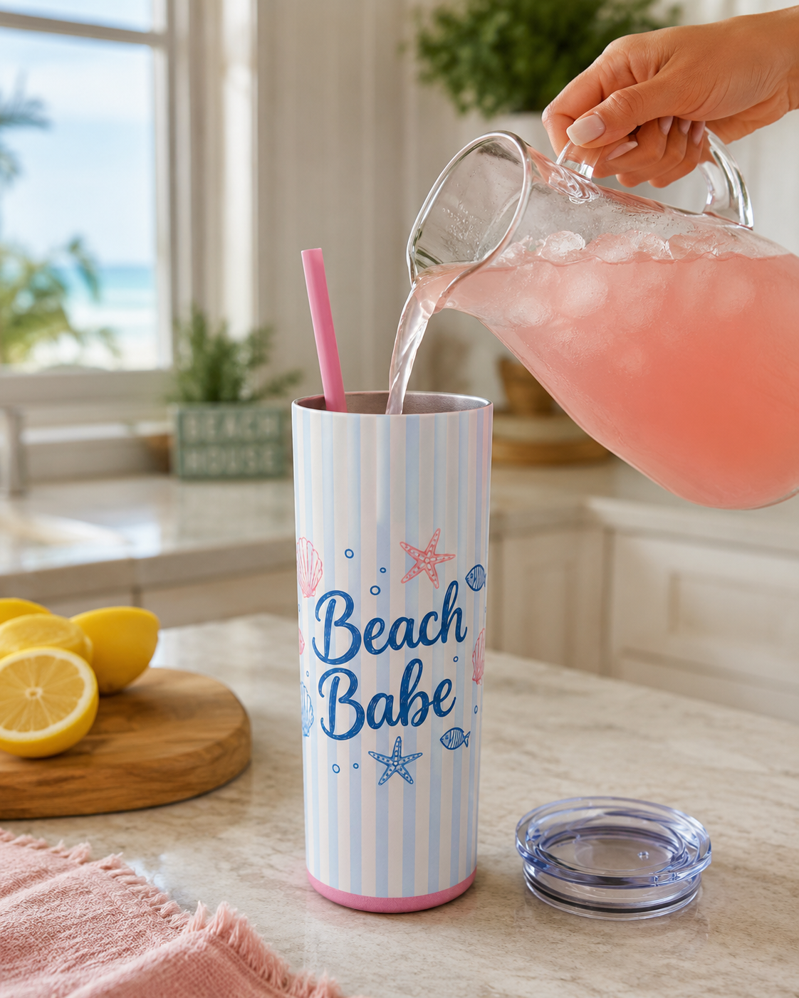 Beach Babe 20oz Skinny Tumbler with Straw  | Coastal Summer Stainless Steel Cup | Insulated Beach Drinkware | 20oz Straw Stainless Travel Cup