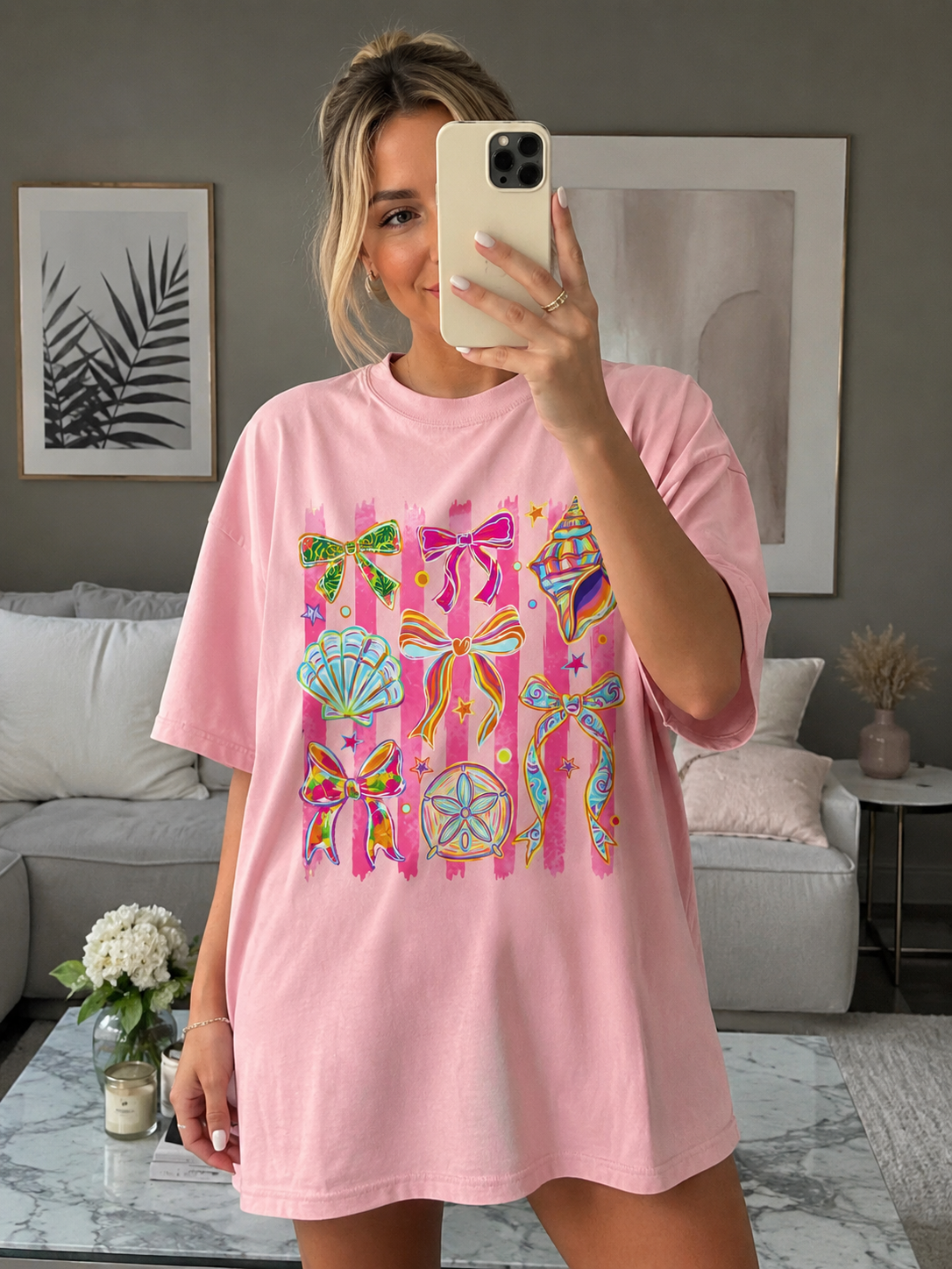 Coastal Bows & Seashells Graphic Tee | Beachy Comfort Colors Shirt | Cute Summer Coastal Cowgirl T-Shirt | Pink Tropical Ribbon Graphic Tee