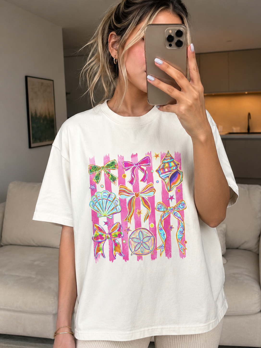 Coastal Bows & Seashells Graphic Tee | Beachy Comfort Colors Shirt | Cute Summer Coastal Cowgirl T-Shirt | Pink Tropical Ribbon Graphic Tee