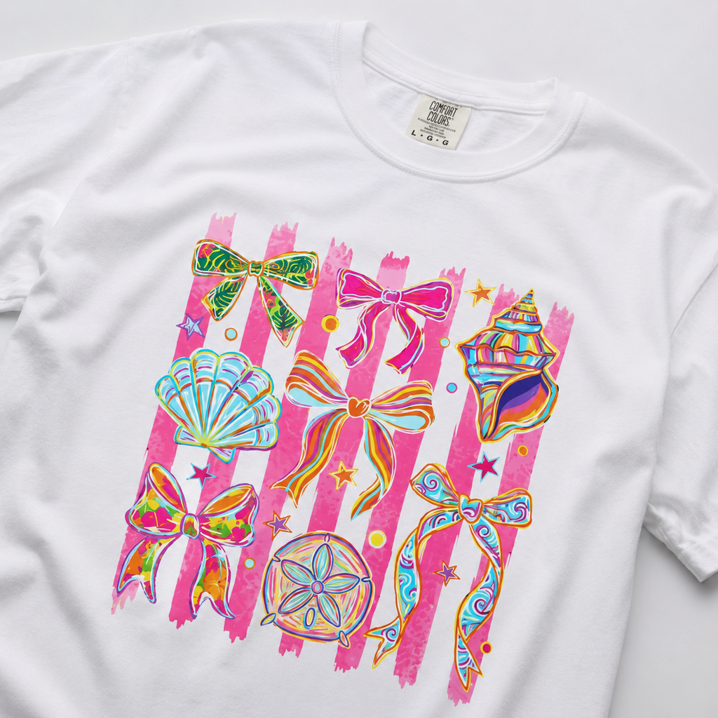 Coastal Bows & Seashells Graphic Tee | Beachy Comfort Colors Shirt | Cute Summer Coastal Cowgirl T-Shirt | Pink Tropical Ribbon Graphic Tee