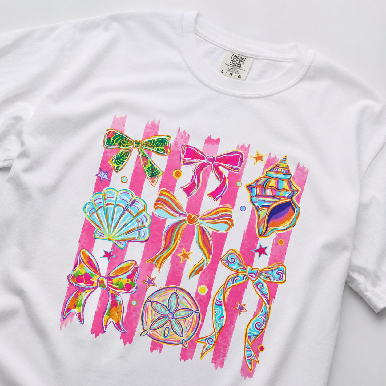 Coastal Bows & Seashells Graphic Tee | Beachy Comfort Colors Shirt | Cute Summer Coastal Cowgirl T-Shirt | Pink Tropical Ribbon Graphic Tee