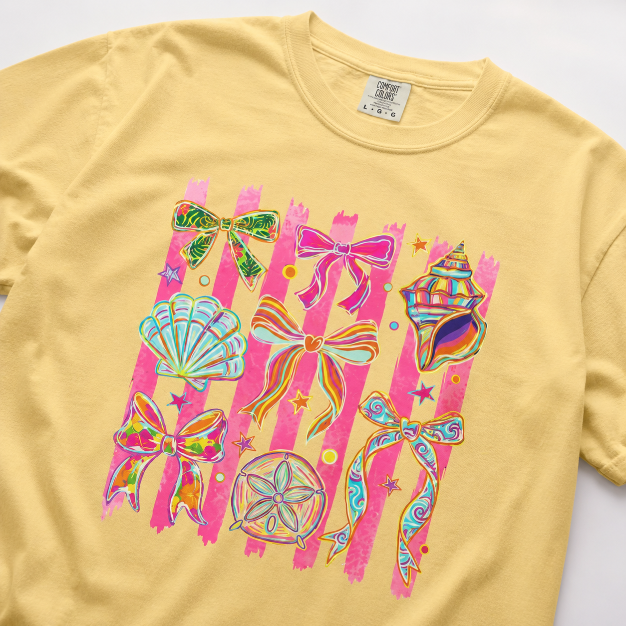 Coastal Bows & Seashells Graphic Tee | Beachy Comfort Colors Shirt | Cute Summer Coastal Cowgirl T-Shirt | Pink Tropical Ribbon Graphic Tee