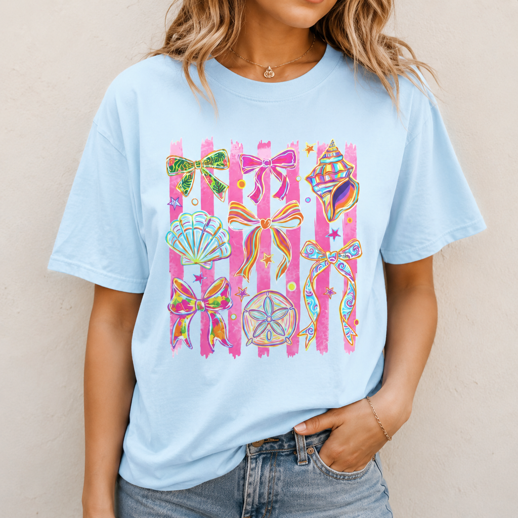 Coastal Bows & Seashells Graphic Tee | Beachy Comfort Colors Shirt | Cute Summer Coastal Cowgirl T-Shirt | Pink Tropical Ribbon Graphic Tee