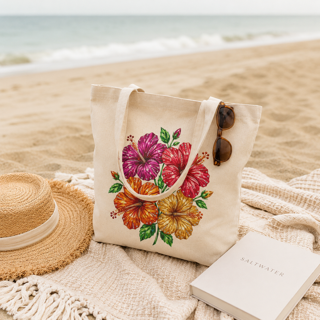 Tropical Hibiscus Canvas Tote Bag | Aesthetic Beach Tote for Everyday & Vacation Style | Colorful Tropical Beach Tote