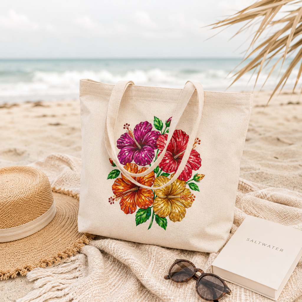 Tropical Hibiscus Canvas Tote Bag | Aesthetic Beach Tote for Everyday & Vacation Style | Colorful Tropical Beach Tote