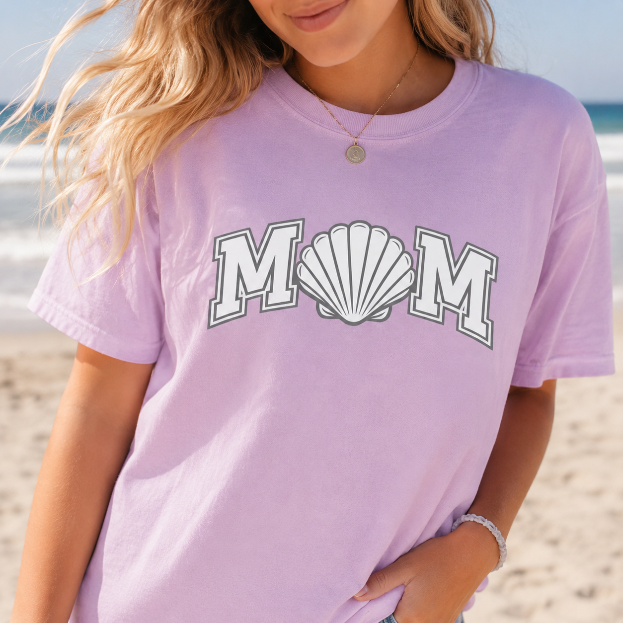 Coastal MOM Seashell Varsity Tee | Trendy Beach Mom Graphic Shirt | Oversized Summer Mama T-Shirt | Cute Coastal Cowgirl Gift