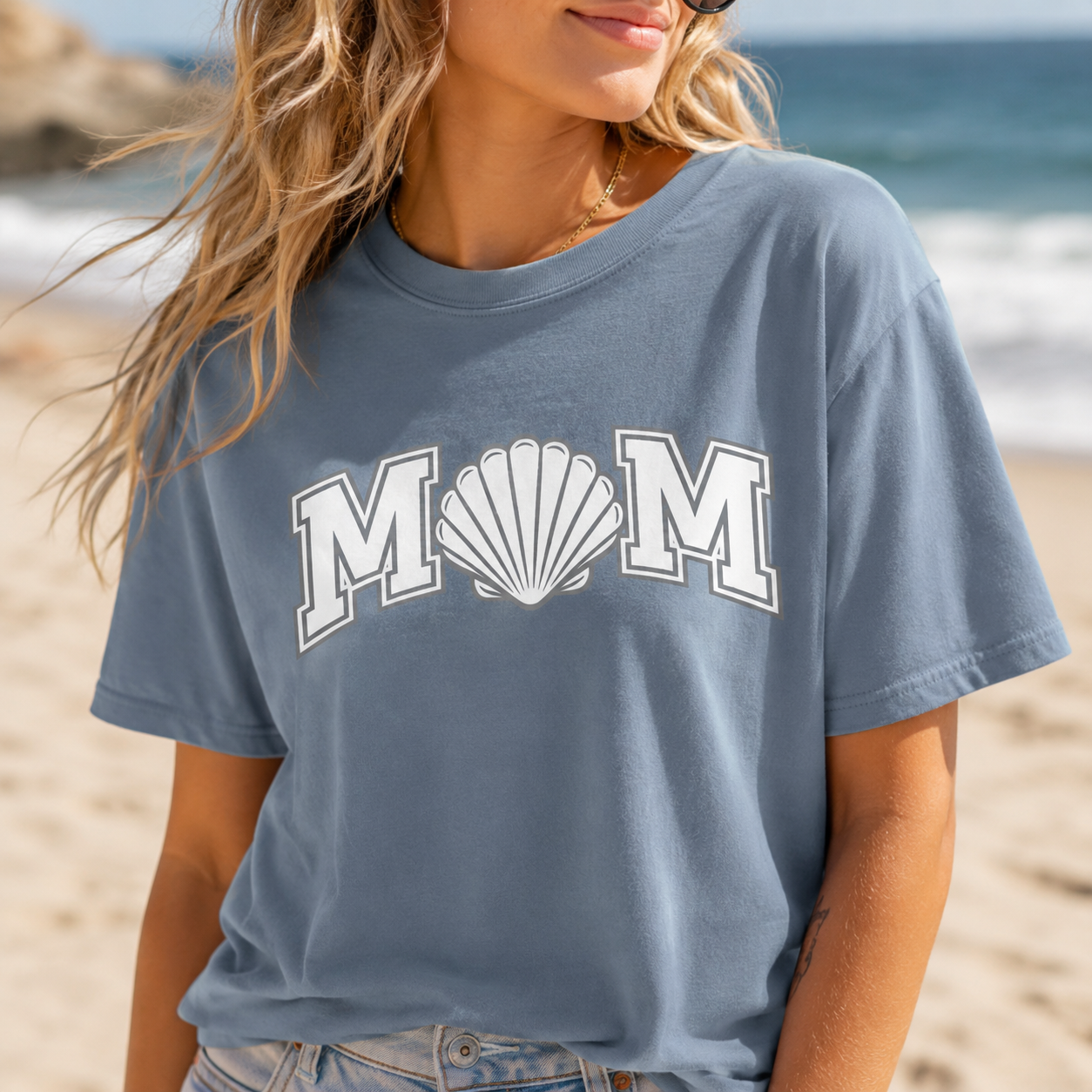Coastal MOM Seashell Varsity Tee | Trendy Beach Mom Graphic Shirt | Oversized Summer Mama T-Shirt | Cute Coastal Cowgirl Gift