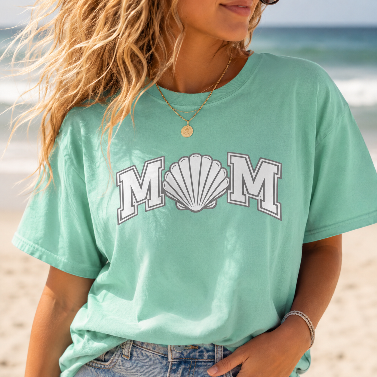 Coastal MOM Seashell Varsity Tee | Trendy Beach Mom Graphic Shirt | Oversized Summer Mama T-Shirt | Cute Coastal Cowgirl Gift