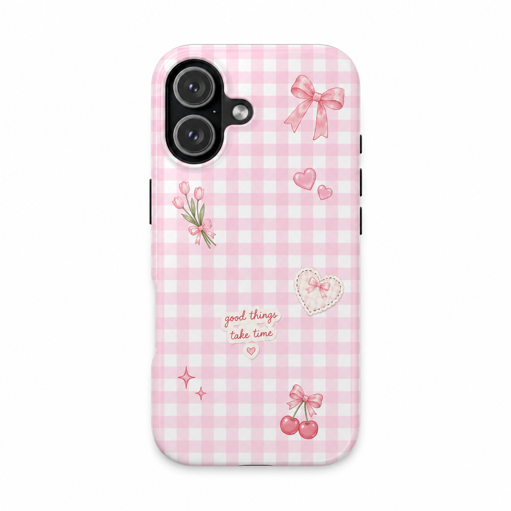 Pink Gingham Coquette Phone Case | Cute Bow & Cherry Aesthetic iPhone Case | Trendy Girly Protective Cover | Cute Cherry & Bow Phone Cover