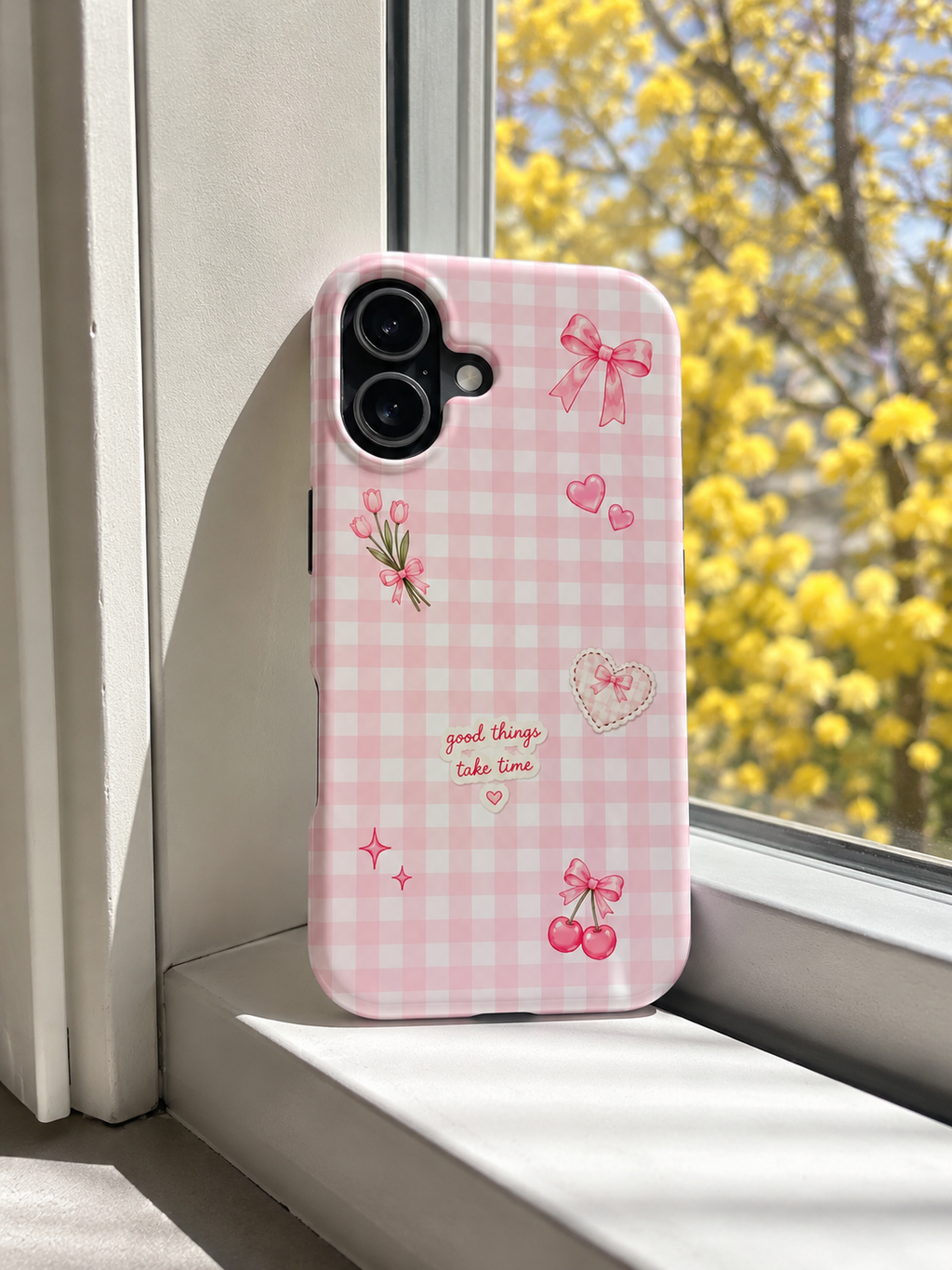 Pink Gingham Coquette Phone Case | Cute Bow & Cherry Aesthetic iPhone Case | Trendy Girly Protective Cover | Cute Cherry & Bow Phone Cover