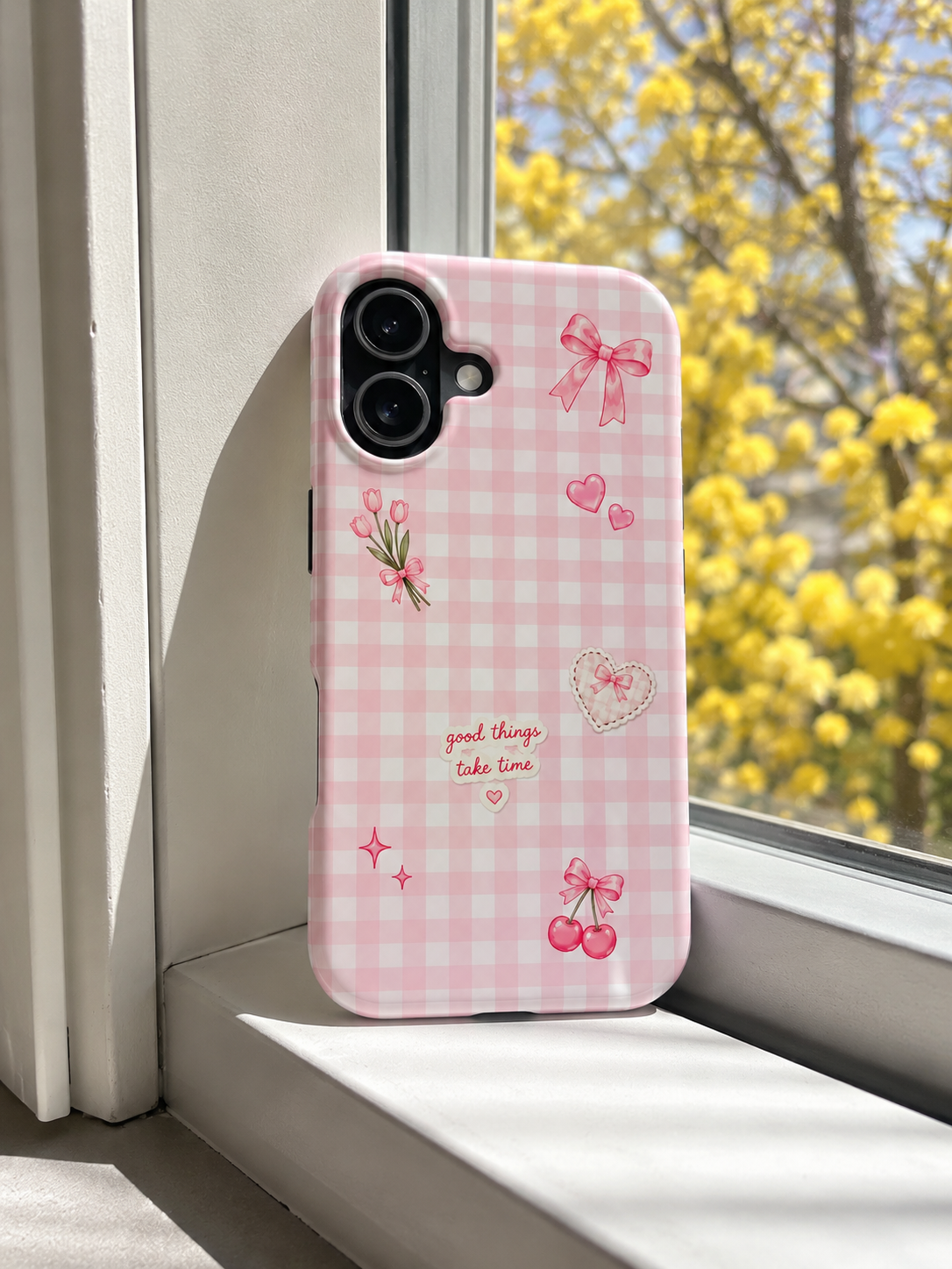 Pink Gingham Coquette Phone Case | Cute Bow & Cherry Aesthetic iPhone Case | Trendy Girly Protective Cover | Cute Cherry & Bow Phone Cover