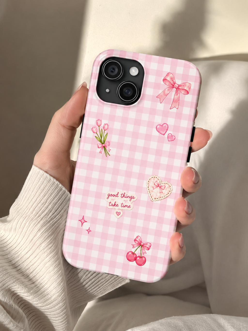 Pink Gingham Coquette Phone Case | Cute Bow & Cherry Aesthetic iPhone Case | Trendy Girly Protective Cover | Cute Cherry & Bow Phone Cover
