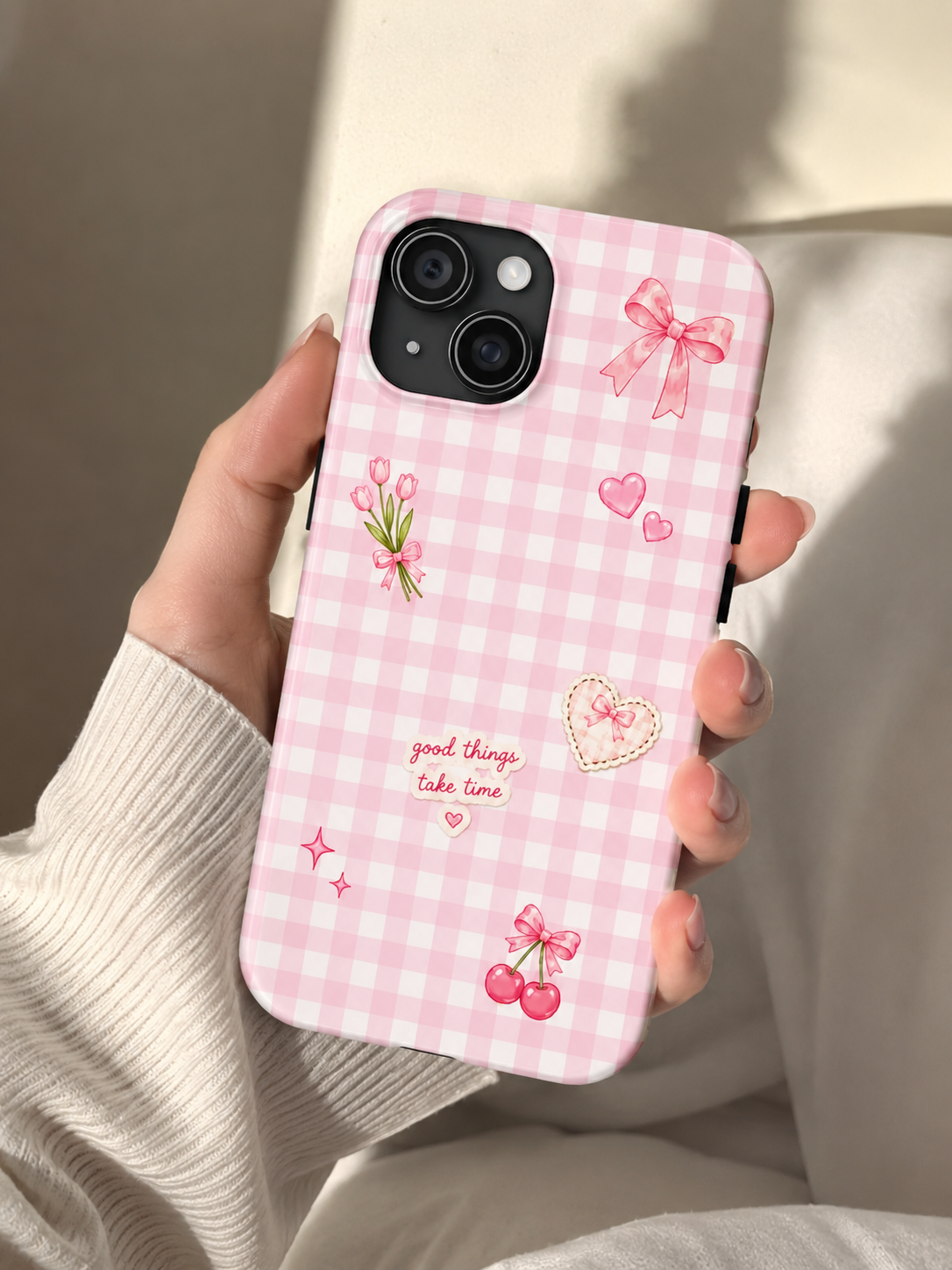 Pink Gingham Coquette Phone Case | Cute Bow & Cherry Aesthetic iPhone Case | Trendy Girly Protective Cover | Cute Cherry & Bow Phone Cover