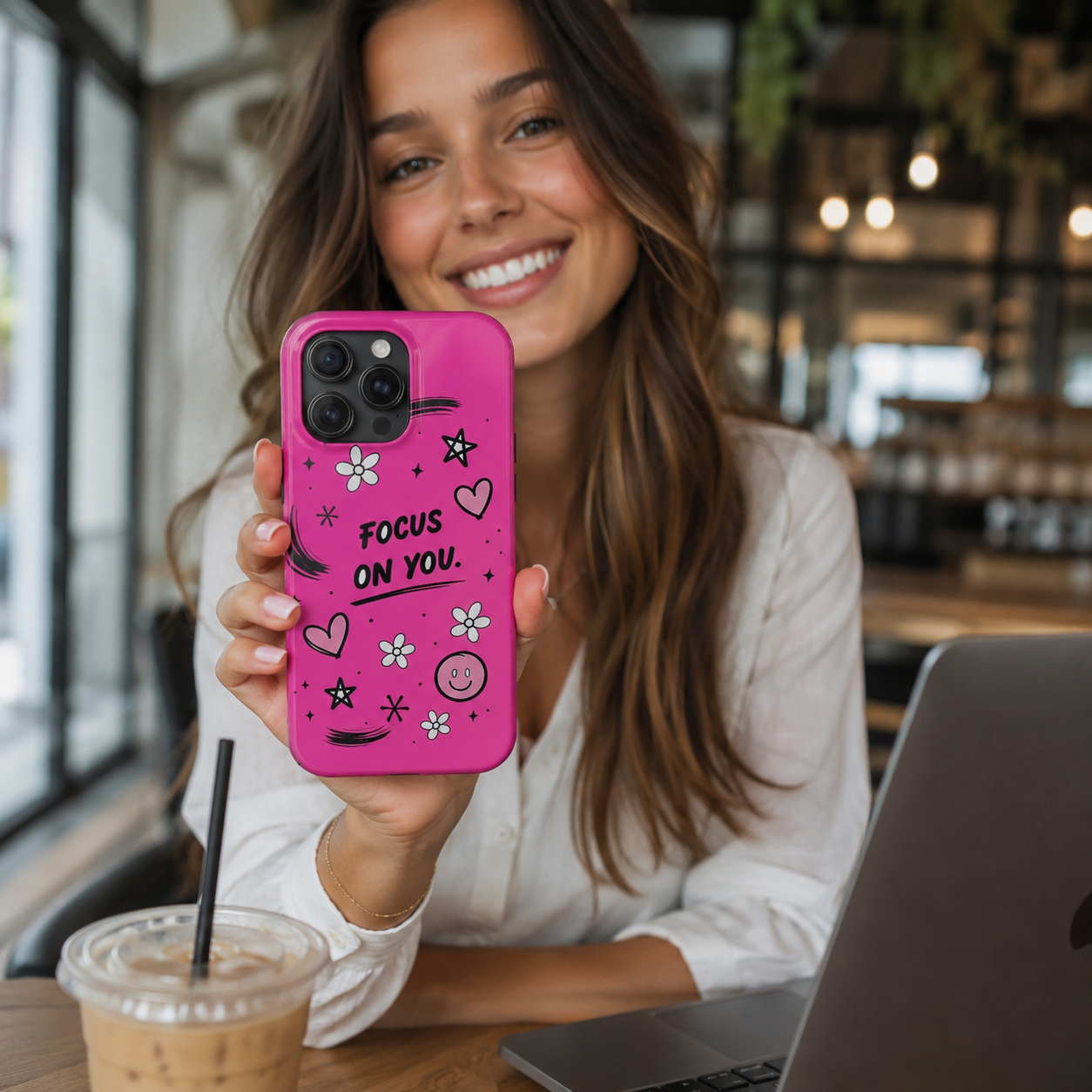 Hot Pink Focus On You Phone Case | Cute Girly Doodle Aesthetic Case for iPhone & Samsung Galaxy | Pink Motivational Phone Cover