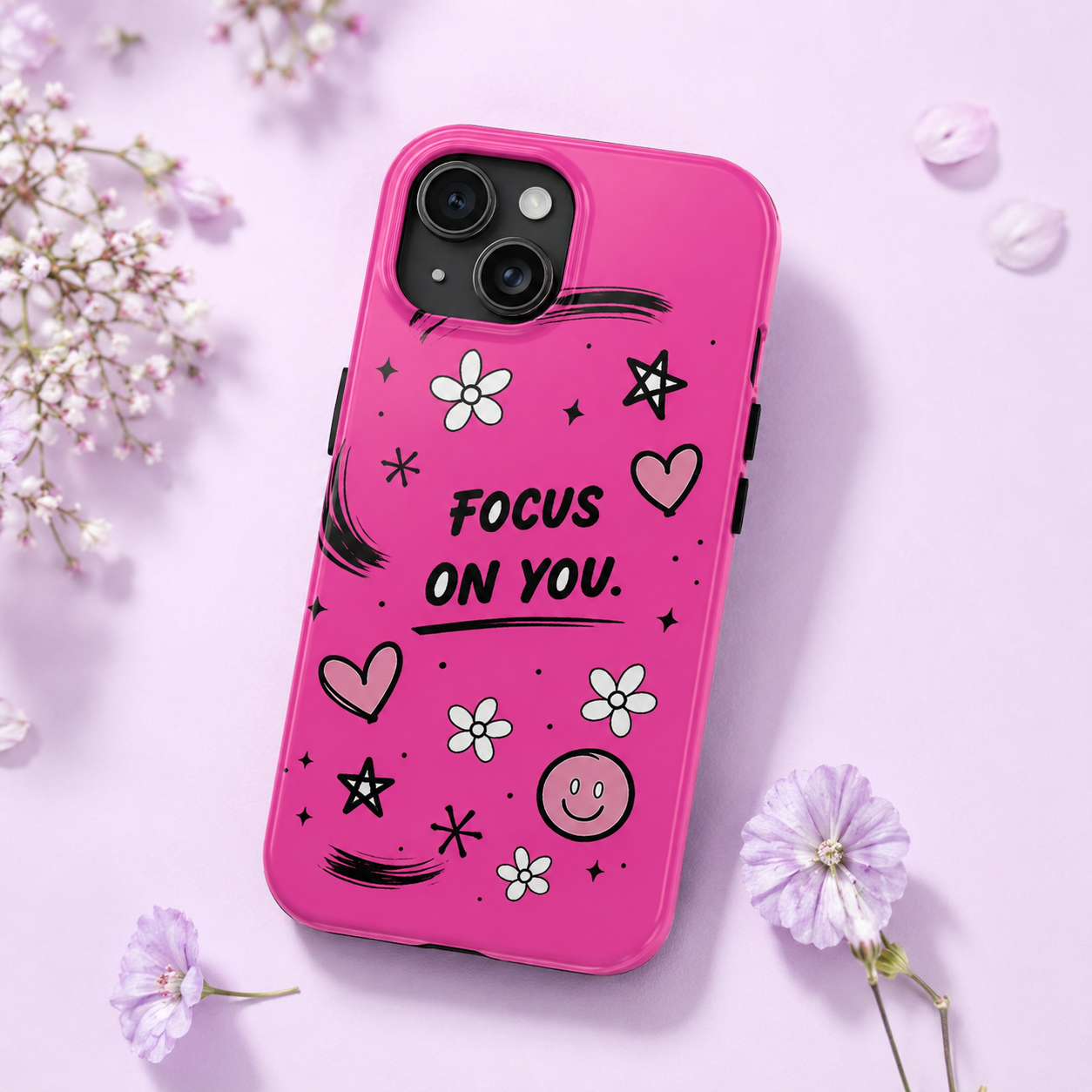 Hot Pink Focus On You Phone Case | Cute Girly Doodle Aesthetic Case for iPhone & Samsung Galaxy | Pink Motivational Phone Cover