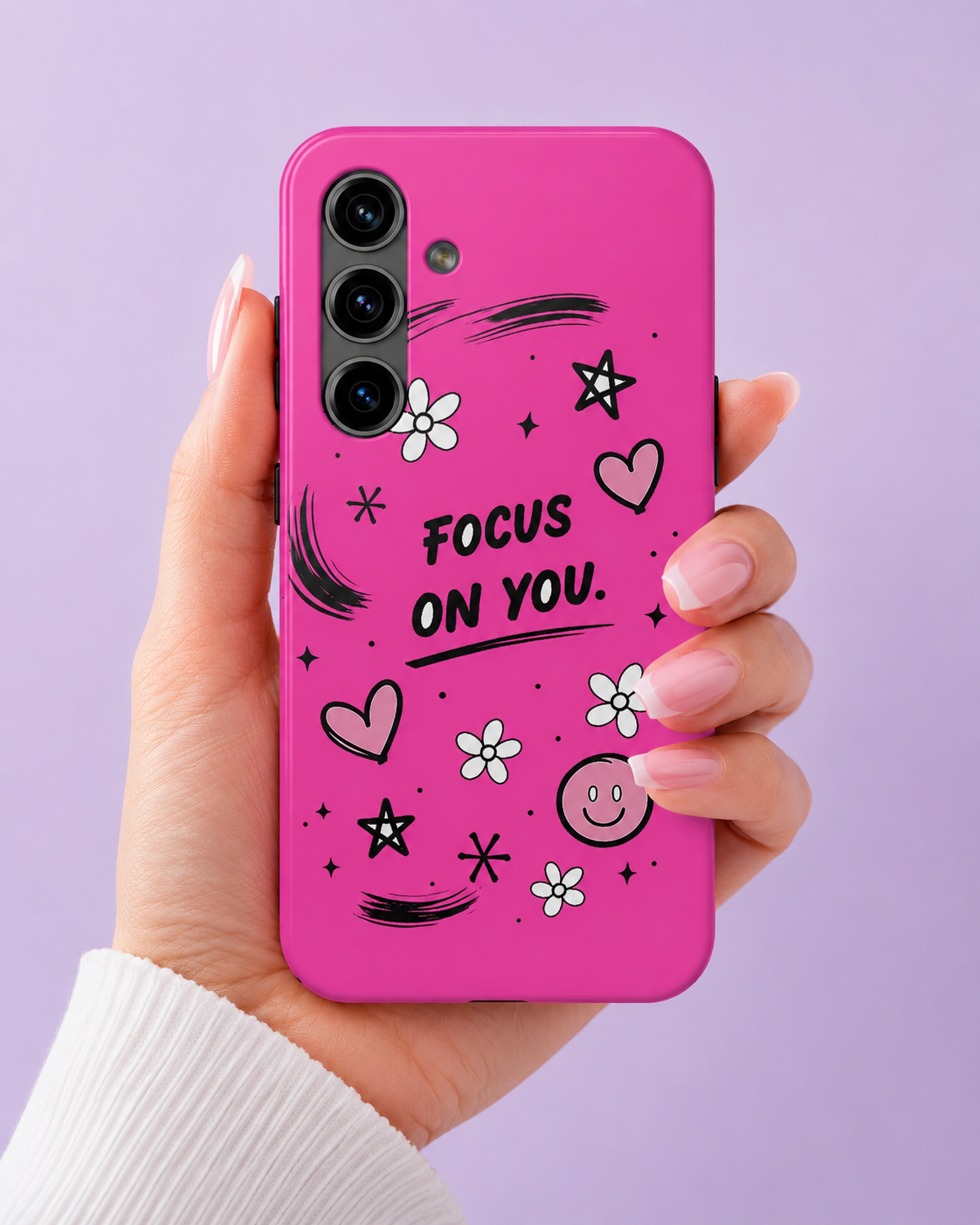 Hot Pink Focus On You Phone Case | Cute Girly Doodle Aesthetic Case for iPhone & Samsung Galaxy | Pink Motivational Phone Cover