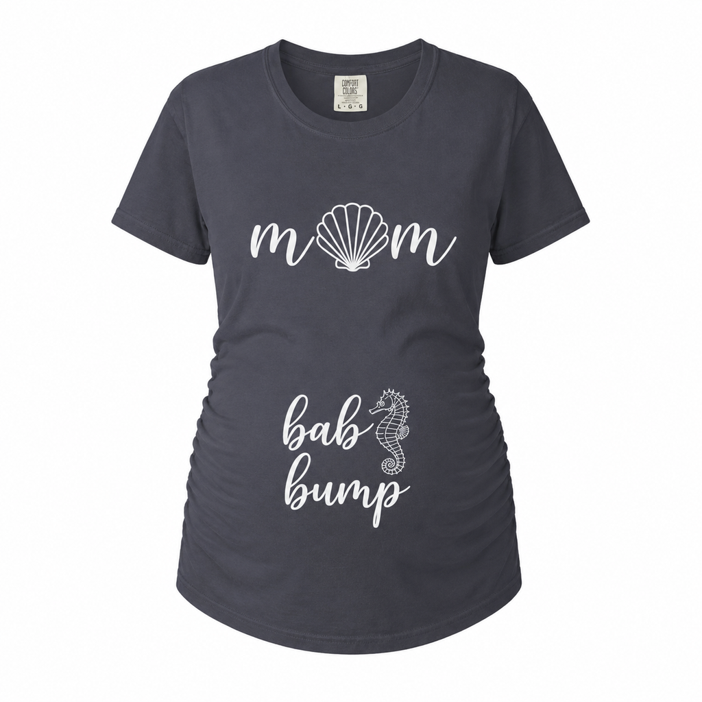 Beach Mom Baby Bump Maternity Shirt | Coastal Pregnancy Tee with Seashell & Seahorse Design | Cute Summer Mama Tee | Beachy Pregnancy Tee