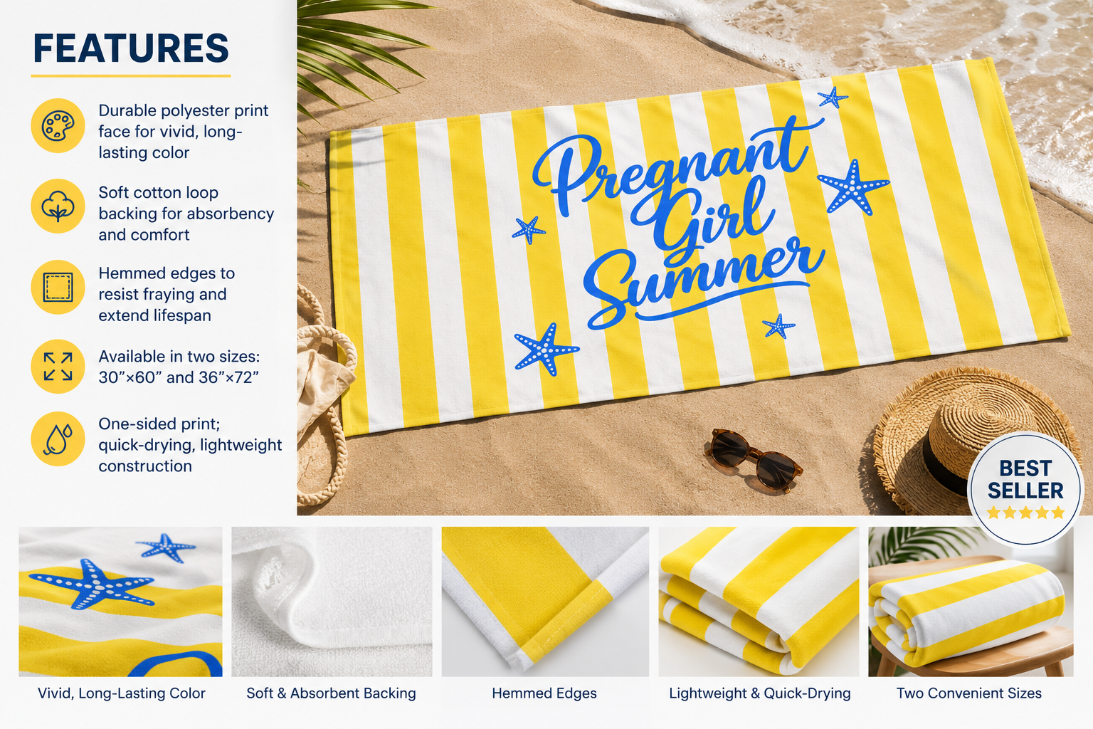 Pregnant Girl Summer Beach Towel | Trendy Yellow Striped Starfish Pool Towel for Moms | Cute Summer Vacation Towel | Coastal Beach Gift | Yellow Striped Maternity Pool & Vacation Towel